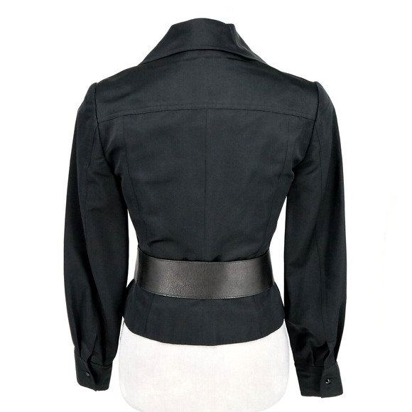 Carmen Marc Valvo Jacket Womens 4 Black Crop Fitted and Leather Belt Size Small - Picture 2 of 16